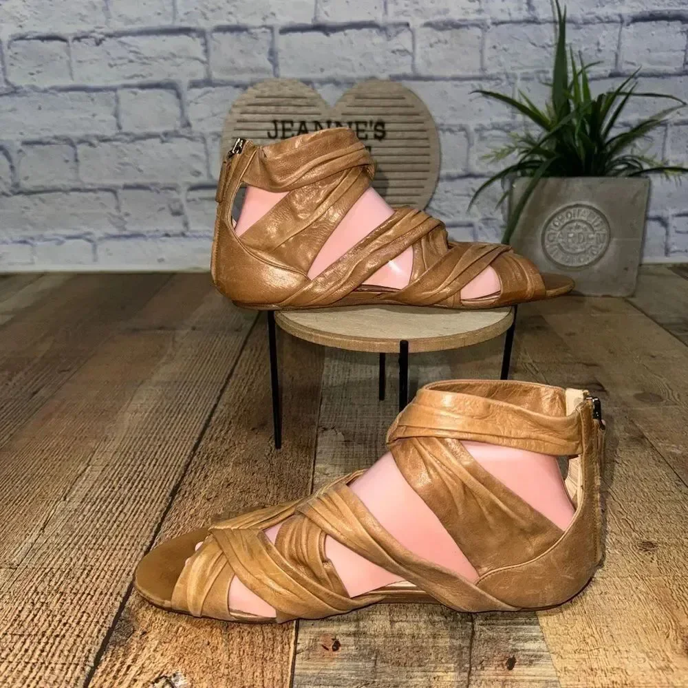 Prada Tan Pleated Leather Caged Flat Sandals Size 38.5